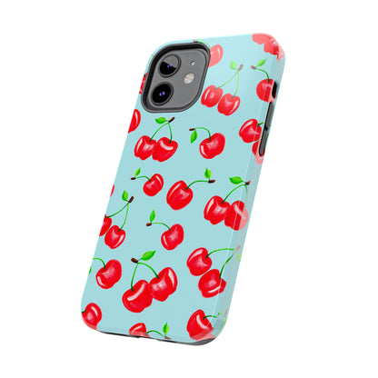 Tossed Red Watercolor Cherries Illustrated Pattern Bright Blue Tough Phone Case | Various Models