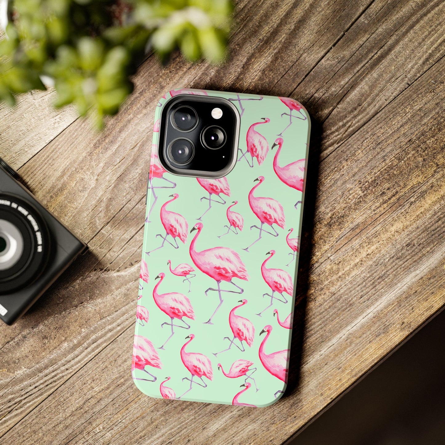 Pink Flamingos Watercolor Illustrated Tossed Pattern Green Phone Case | Various Models