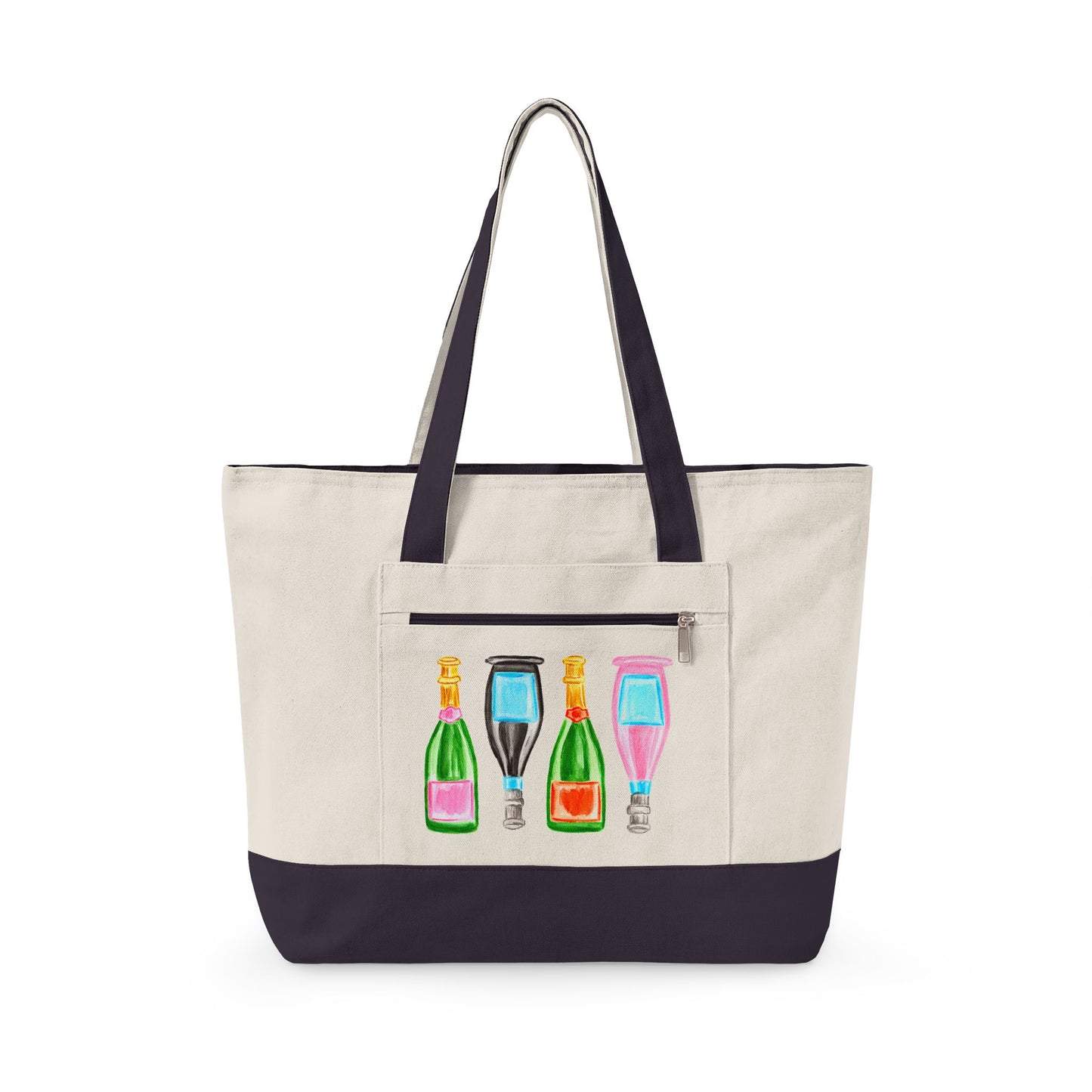 Canvas Book Tote | Pink & Green, Pink & Blue, Orange & Green Champagne Bottles Watercolor Printed Zippered Canvas Tote 18" x 14" | Various Colors