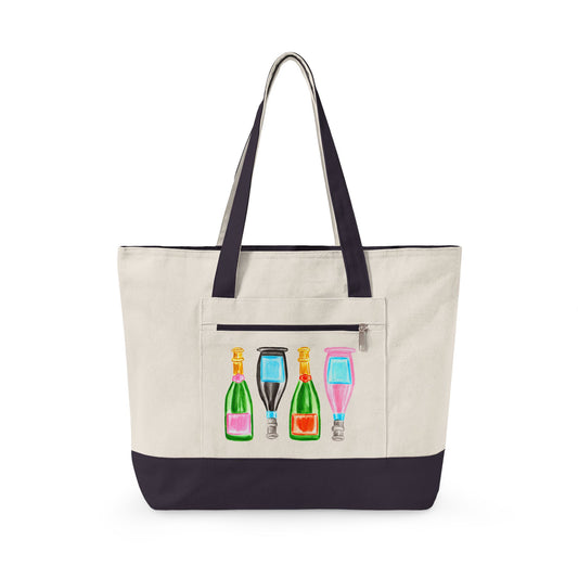 Canvas Book Tote | Pink & Green, Pink & Blue, Orange & Green Champagne Bottles Watercolor Printed Zippered Canvas Tote 18" x 14" | Various Colors 18" x 14" x 4.5" Natural Navy