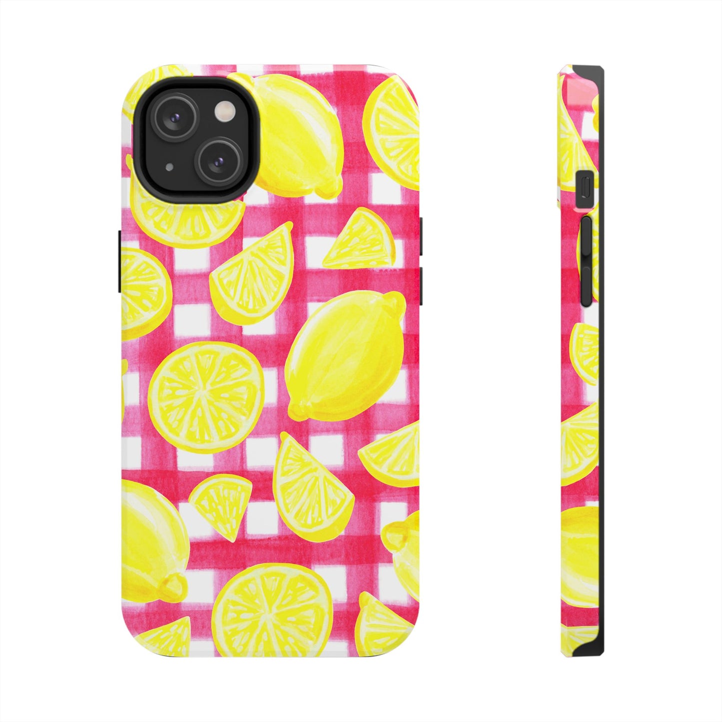 Yellow Lemons & Hot Pink Gingham Watercolor Illustrated Tough Phone Case | Various Models Available