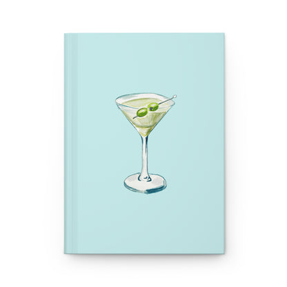Blue Green Martini Watercolor Illustrated Turquoise Hardcover Lined Journal Matte 8"x 5.75"