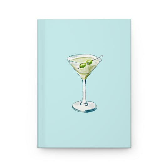 Blue Green Martini Watercolor Illustrated Turquoise Hardcover Lined Journal Matte 8"x 5.75"