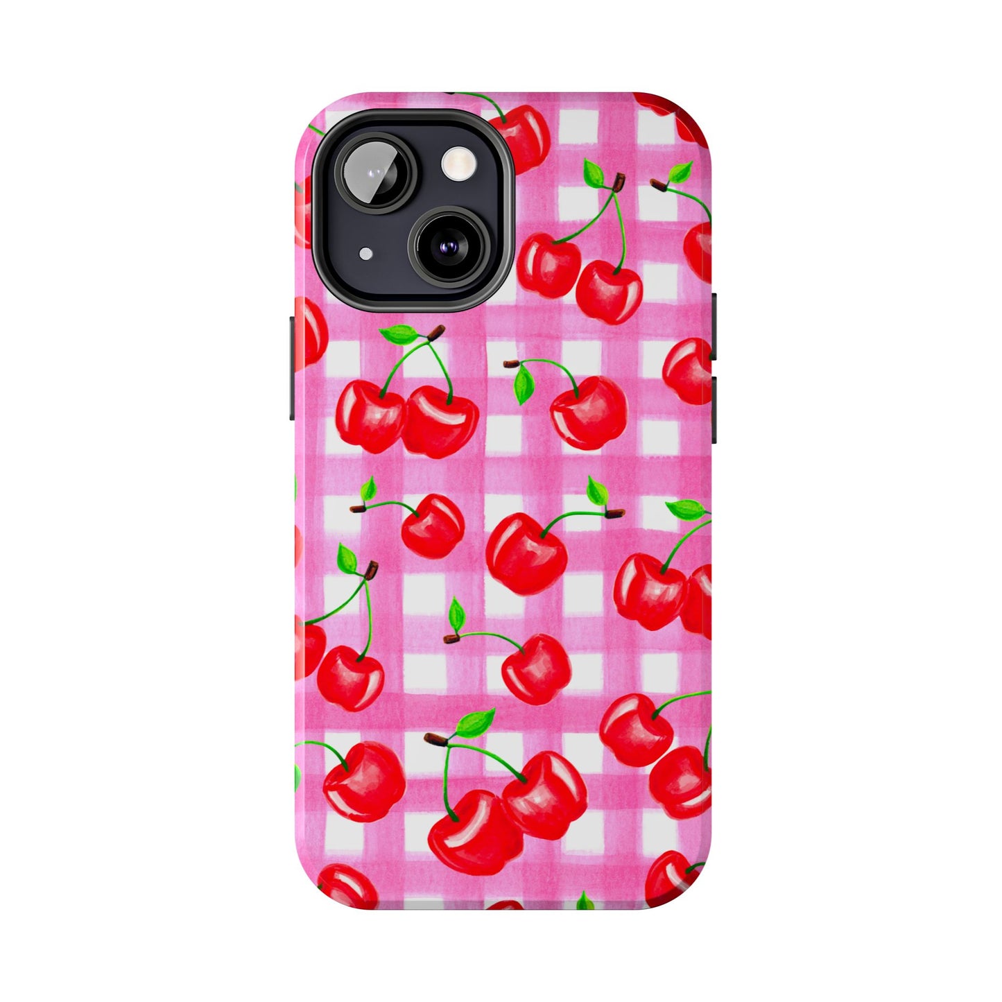 Tossed Red Watercolor Cherries Illustrated Pattern Light Pink Gingham Tough Phone Case | Various Models