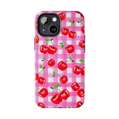 Tossed Red Watercolor Cherries Illustrated Pattern Light Pink Gingham Tough Phone Case | Various Models