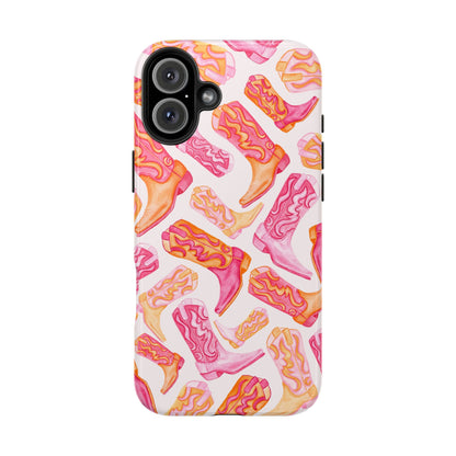 Tossed Hot Pink & Orange Watercolor Cowboy Boots Tough Light Pink Phone Case | Various Models Available iPhone 16 Plus