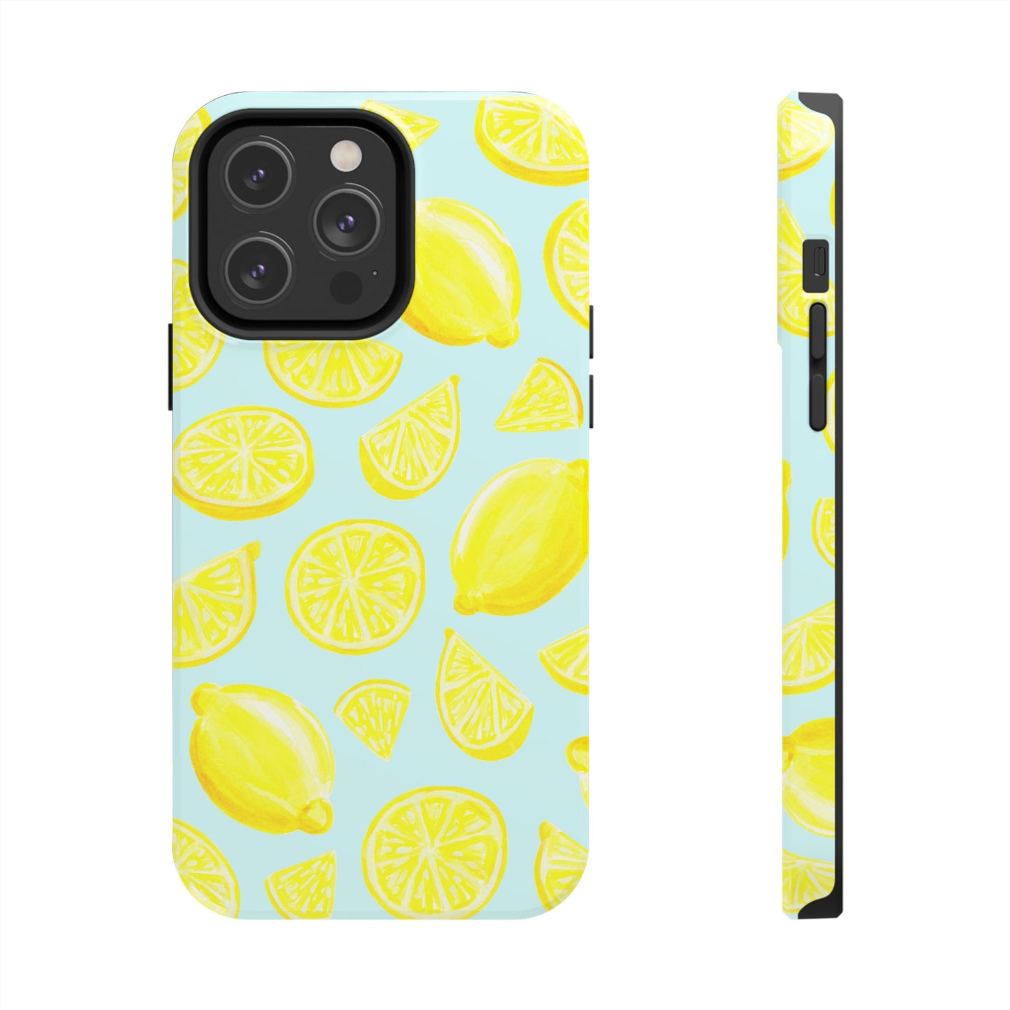 Bright Yellow Lemons Watercolor Illustrated Tossed Pattern Light Blue Tough Phone Case | Various Models
