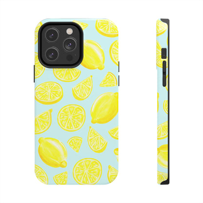 Bright Yellow Lemons Watercolor Illustrated Tossed Pattern Light Blue Tough Phone Case | Various Models