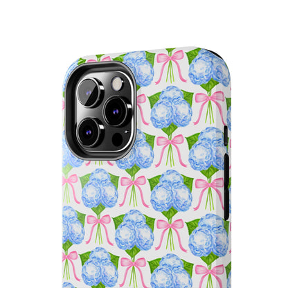 Blue Watercolor Hydrangea Bouqets with Light Pink Bows Watercolor Illustrated Patterned Tough Phone Case | Various Models