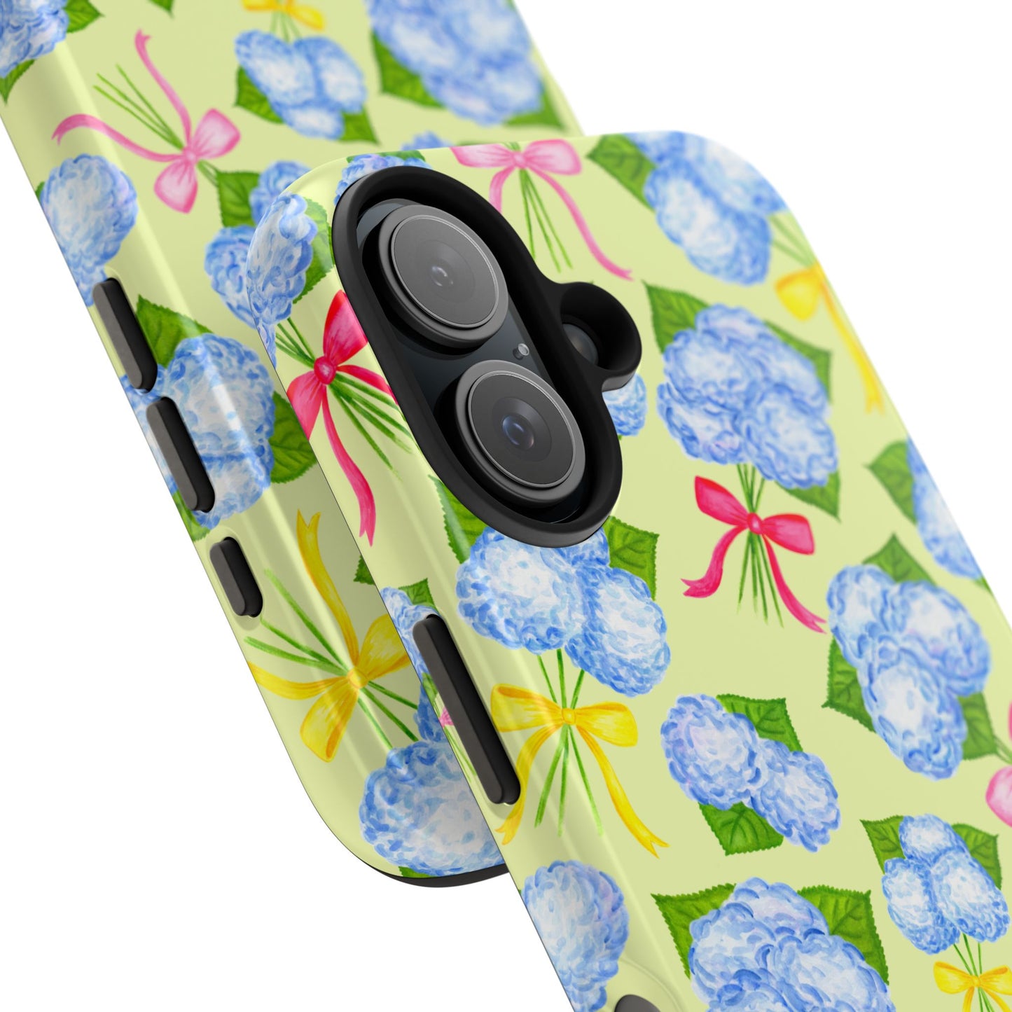Blue Watercolor Hydrangea Bunches with Hot Pink, Yellow, Light Pink Bows Illustrated Patterned Yellow Tough Phone Case | Various Models