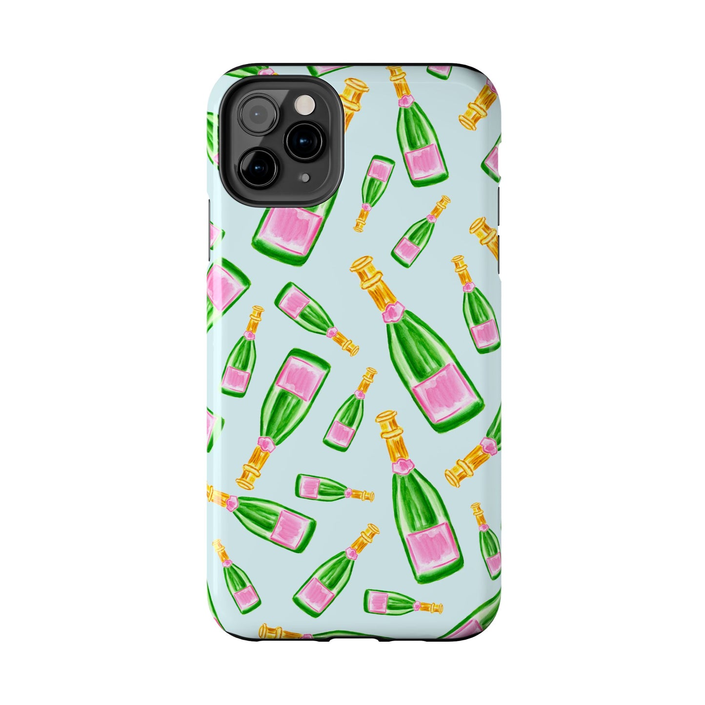 Tossed Pink and Green Watercolor Illustrated Champagne Bottles Pattern Light Blue Tough Phone Case | Various Models