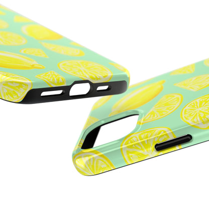 Bright Yellow Lemons Watercolor Illustrated Tossed Pattern Mint Green Tough Phone Case | Various Models