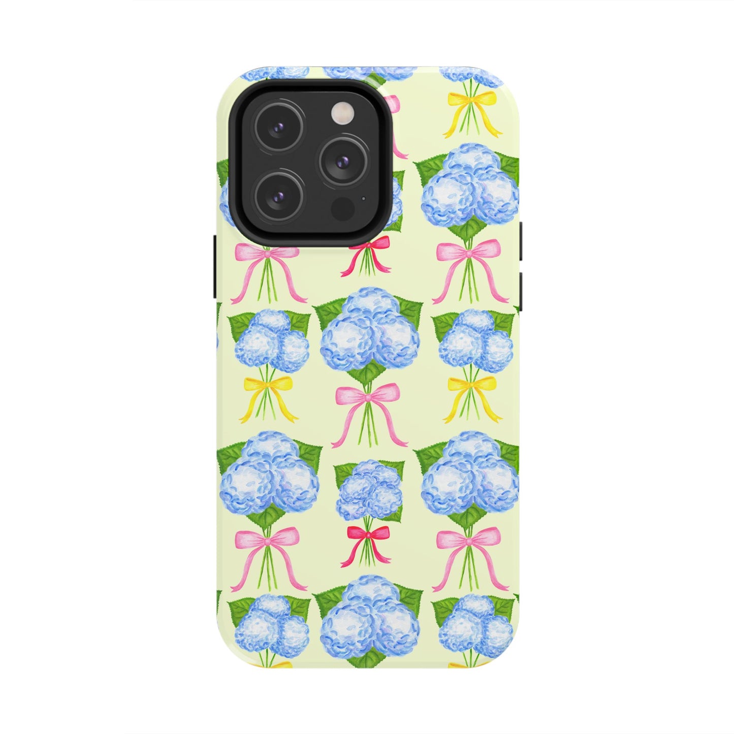 Blue Hydrangeas with Hot Pink, Yellow, Light Pink Bows Watercolor Illustrated Patterned Light Yellow Tough Phone Case | Various Models