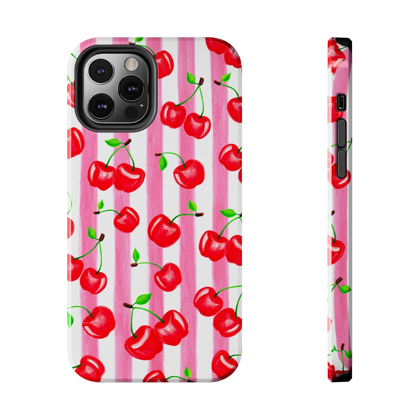 Tossed Red Watercolor Cherries Illustrated Pattern Light Pink Stripes Tough Phone Case | Various Models