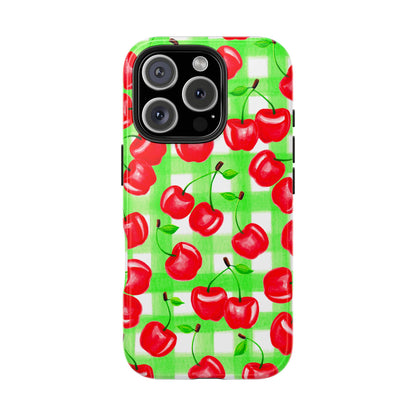 Red Tossed Cherries Green Gingham Watercolor Illustrated Tough Phone Case | Various Models Available