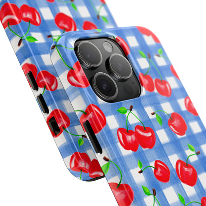 Tossed Red Watercolor Illustrated Cherries Light Blue Gingham Tough Phone Case | Various Models