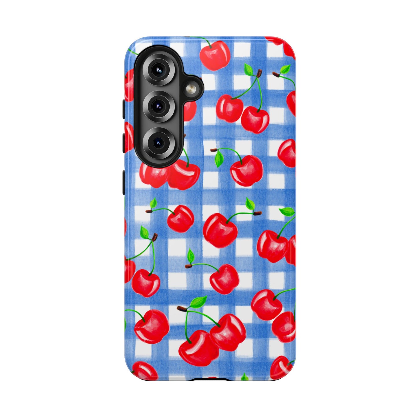 Tossed Red Watercolor Illustrated Cherries Light Blue Gingham Tough Phone Case | Various Models