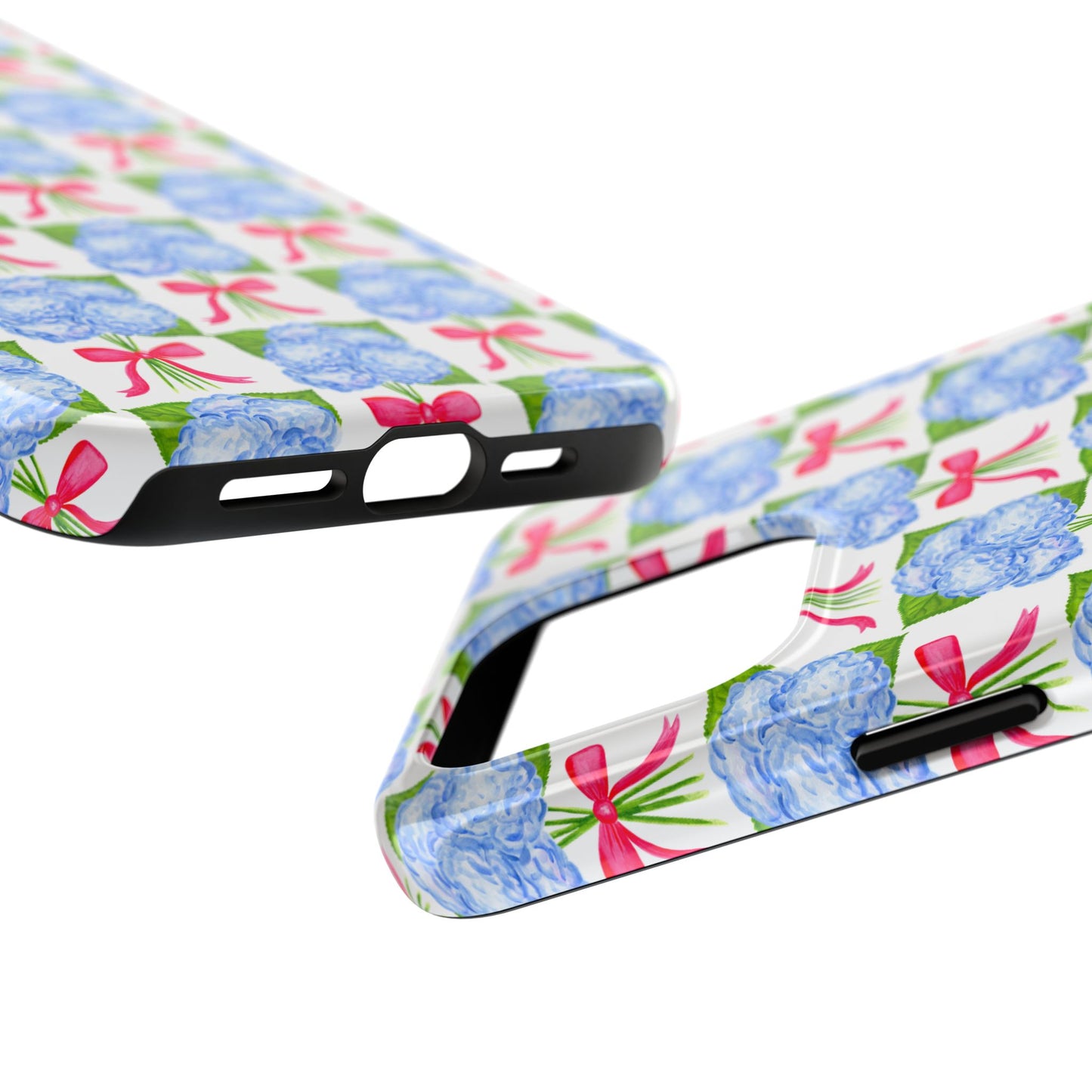Blue Watercolor Hydrangea Bouquets with Hot Pink Bows Illustrated Patterned Tough Phone Case | Various Models