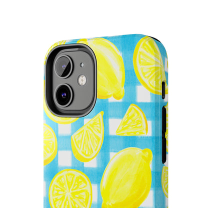 Yellow Lemons & Turquoise Gingham Watercolor Illustrated Tough Phone Case | Various Models Available