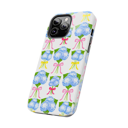 Blue Hydrangeas with Hot Pink, Yellow, Light Pink Bows Watercolor Illustrated Patterned Tough Phone Case | Various Models
