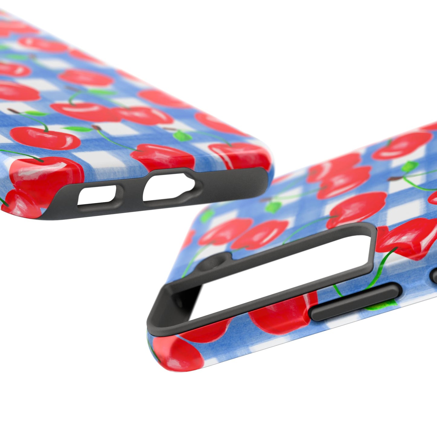 Tossed Red Cherries Blue Gingham Checkered Watercolor Illustrated Tough Phone Case | Various Models