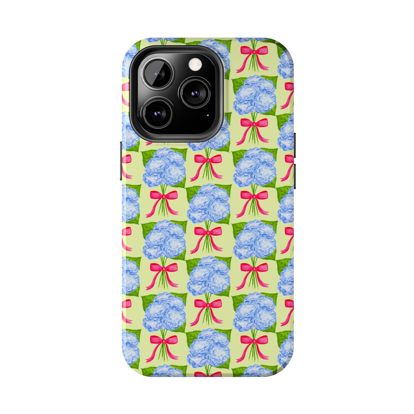 Blue Watercolor Hydrangea Bouquets with Hot Pink Bows Illustrated Patterned Yellow Preppy Grand Millenial Tough Phone Case | Various Models