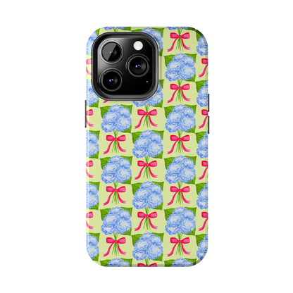 Blue Watercolor Hydrangea Bouquets with Hot Pink Bows Illustrated Patterned Yellow Preppy Grand Millenial Tough Phone Case | Various Models