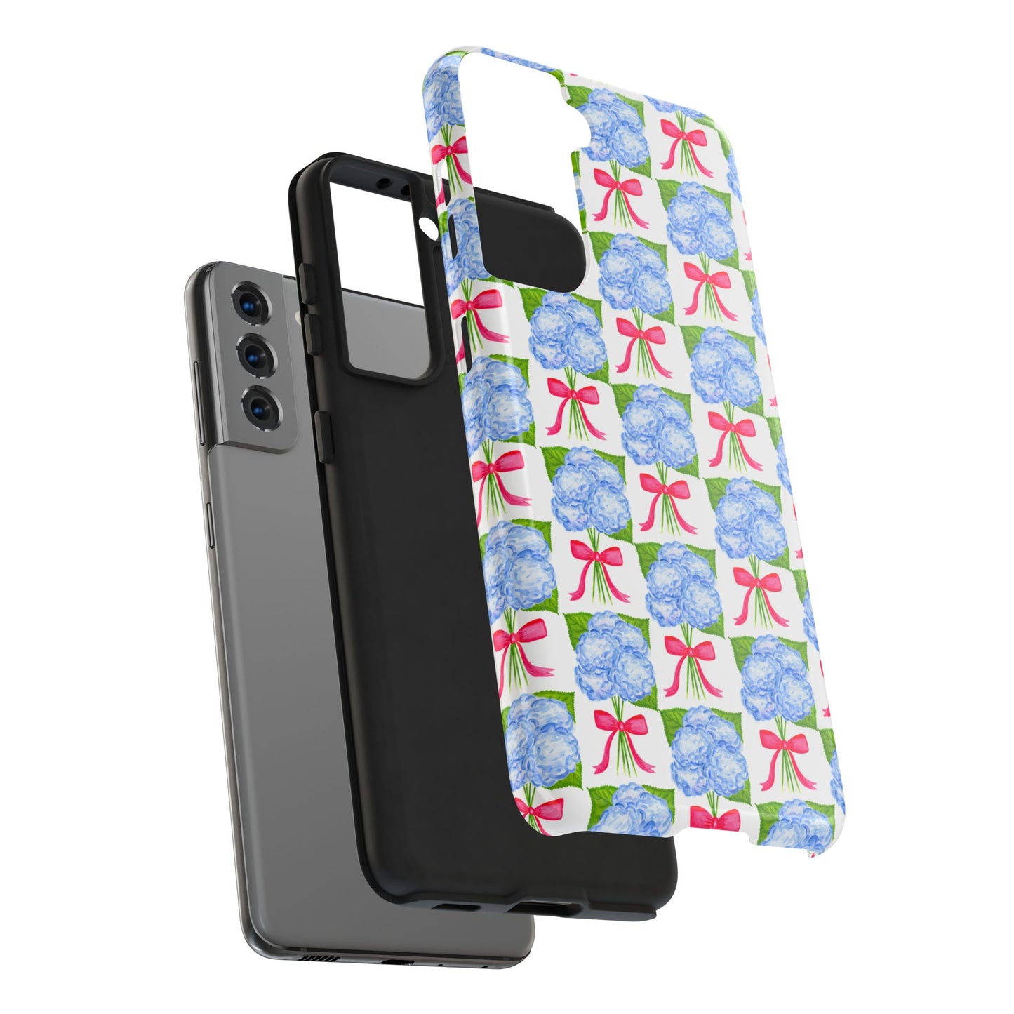 Blue Watercolor Hydrangea Bouquets with Hot Pink Bows Illustrated Patterned Tough Phone Case | Various Models