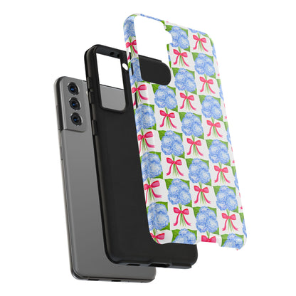 Blue Watercolor Hydrangea Bouquets with Hot Pink Bows Illustrated Patterned Tough Phone Case | Various Models