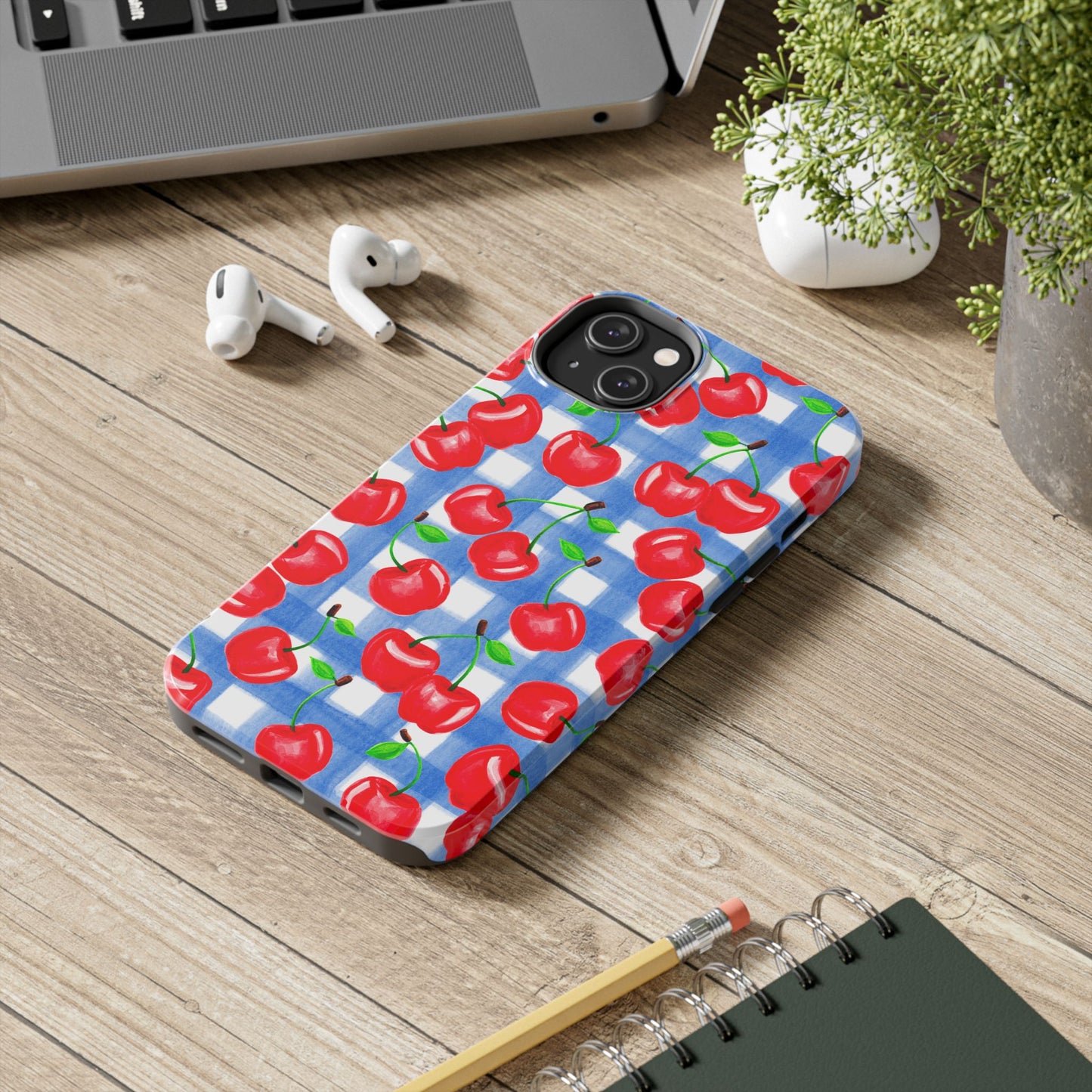 Tossed Red Cherries Blue Gingham Checkered Watercolor Illustrated Tough Phone Case | Various Models
