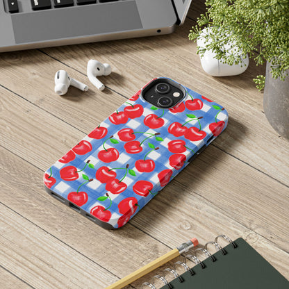 Tossed Red Cherries Blue Gingham Checkered Watercolor Illustrated Tough Phone Case | Various Models