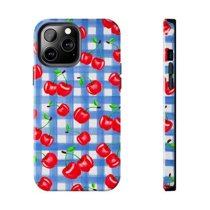 Tossed Red Watercolor Illustrated Cherries Light Blue Gingham Tough Phone Case | Various Models