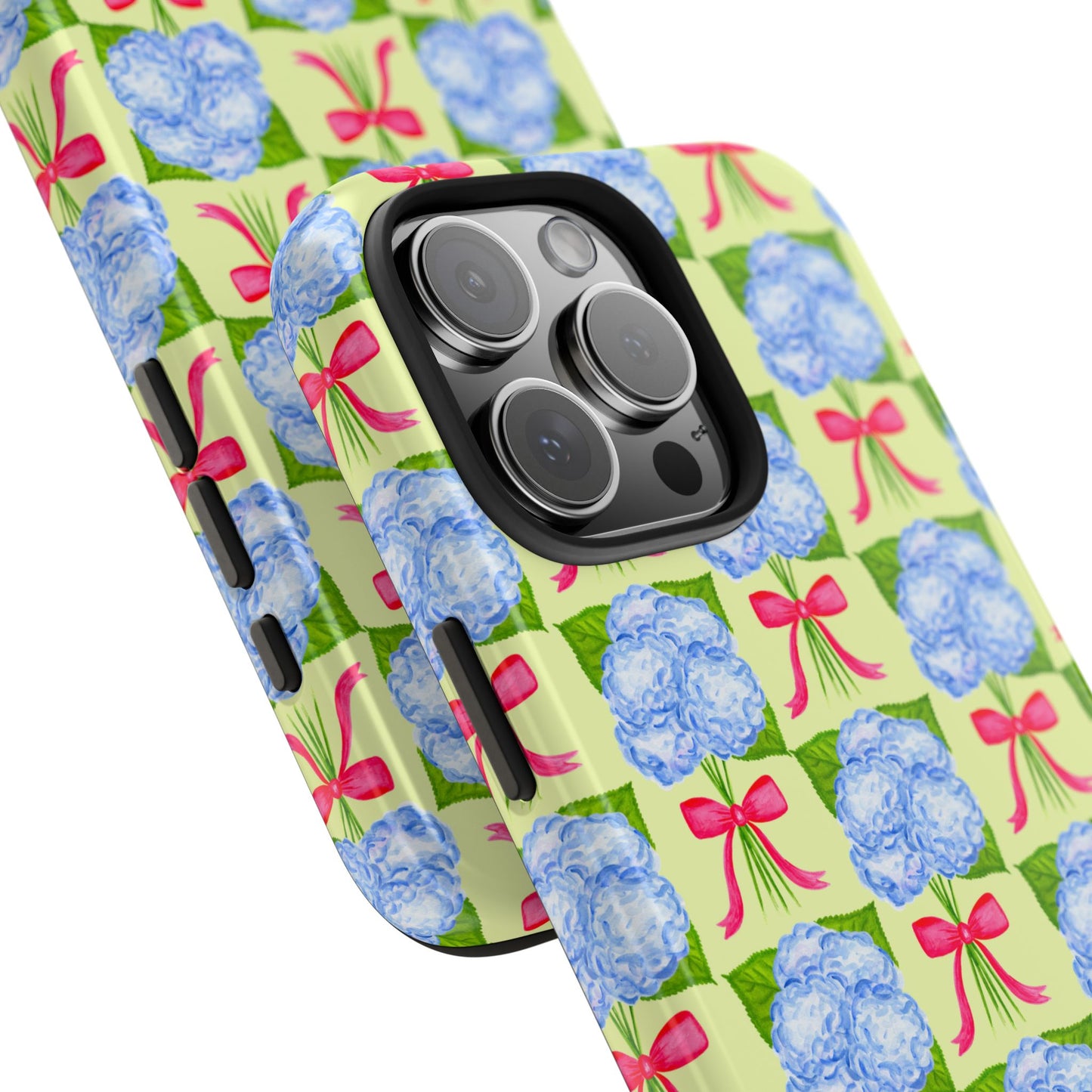 Blue Watercolor Hydrangea Bouquets with Hot Pink Bows Illustrated Patterned Yellow Preppy Grand Millenial Tough Phone Case | Various Models