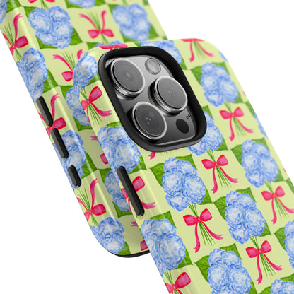 Blue Watercolor Hydrangea Bouquets with Hot Pink Bows Illustrated Patterned Yellow Preppy Grand Millenial Tough Phone Case | Various Models