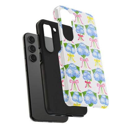 Blue Hydrangeas with Hot Pink, Yellow, Light Pink Bows Watercolor Illustrated Patterned Tough Phone Case | Various Models