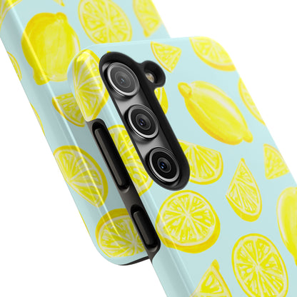 Bright Yellow Lemons Watercolor Illustrated Tossed Pattern Light Blue Tough Phone Case | Various Models