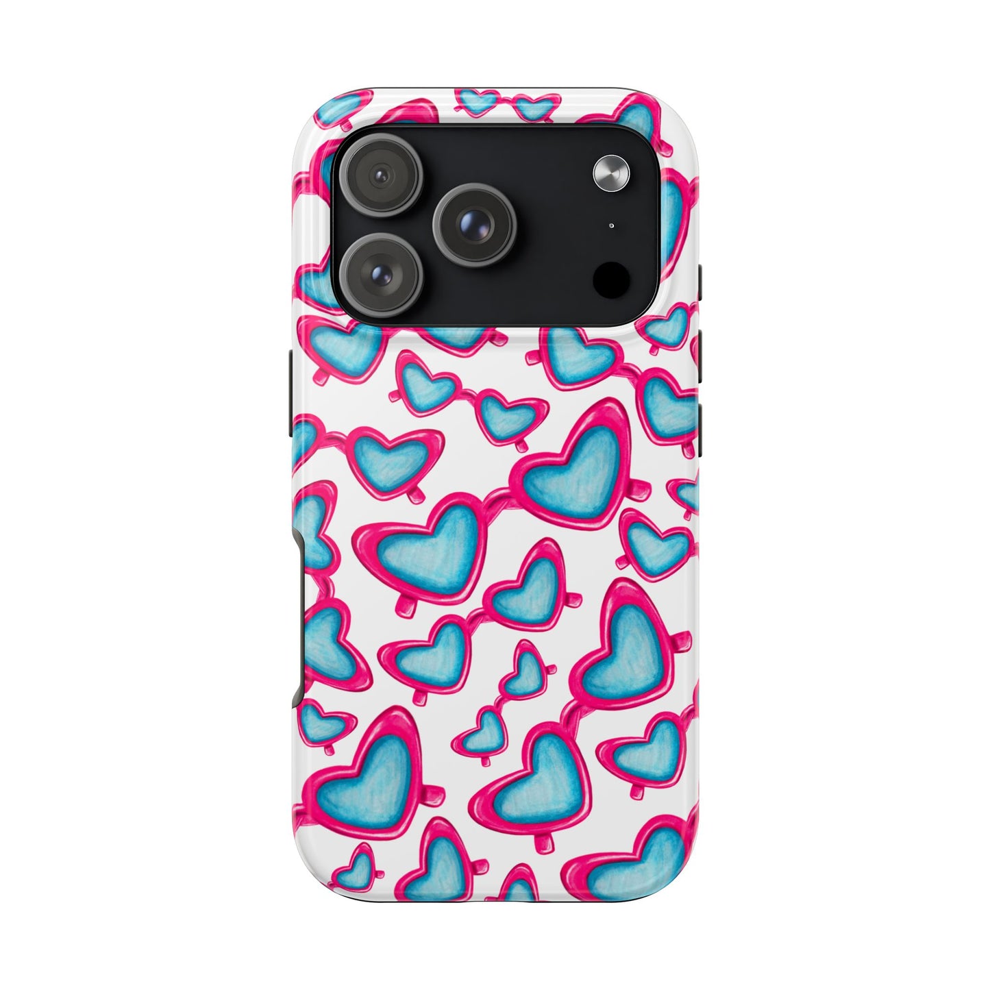 Pink & Blue Heart Shaped Sunglasses Watercolor Illustrated Tossed Pattern Tough Case | Various Models iPhone 17 Pro
