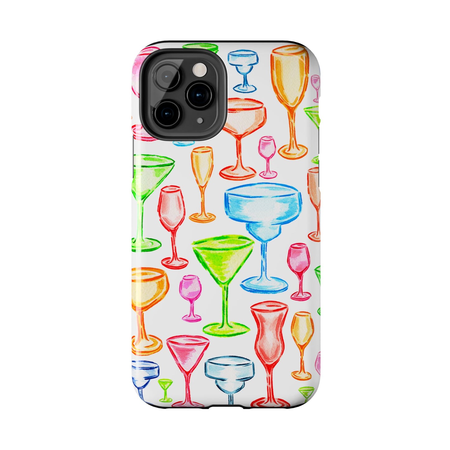 Monochromatic Margarita, Wine, Martini, and Champagne Flute Cocktail Glasses Watercolor Illustrated Tough Phone Case | Various Models Available