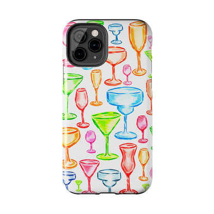 Monochromatic Margarita, Wine, Martini, and Champagne Flute Cocktail Glasses Watercolor Illustrated Tough Phone Case | Various Models Available