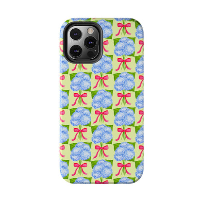 Blue Watercolor Hydrangea Bouquets with Hot Pink Bows Illustrated Patterned Yellow Preppy Grand Millenial Tough Phone Case | Various Models
