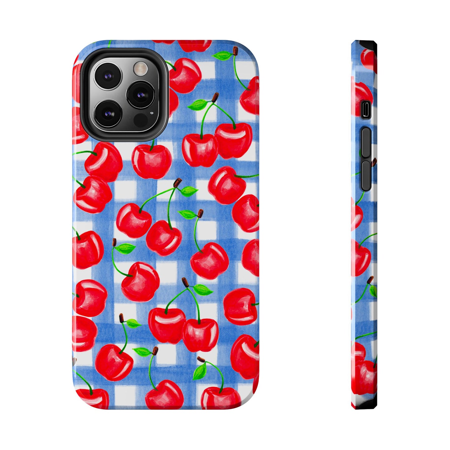 Tossed Red Cherries Blue Gingham Checkered Watercolor Illustrated Tough Phone Case | Various Models