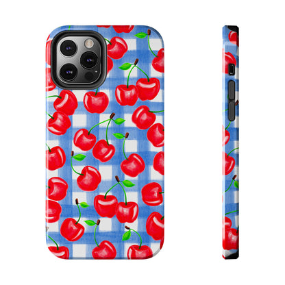 Tossed Red Cherries Blue Gingham Checkered Watercolor Illustrated Tough Phone Case | Various Models