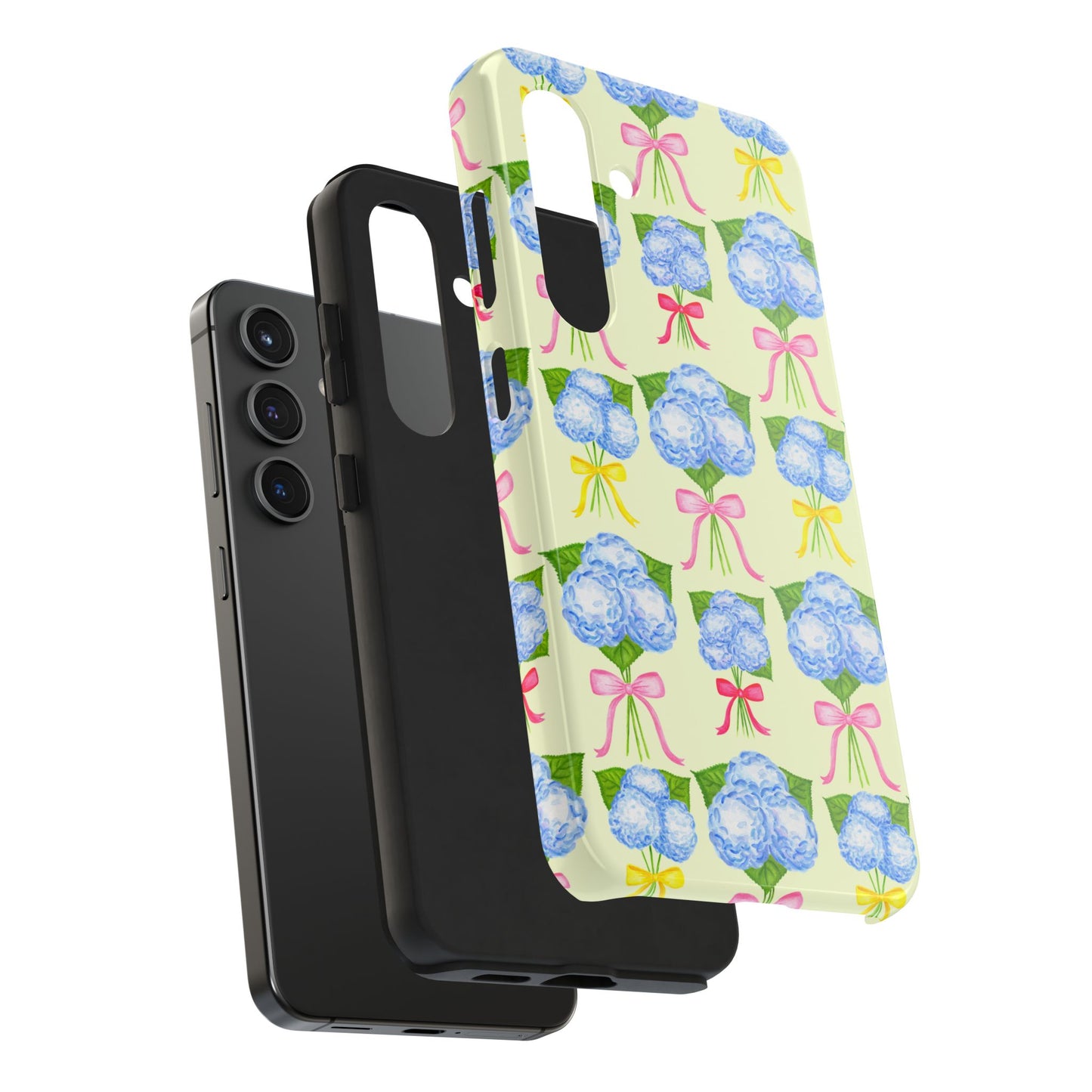 Blue Hydrangeas with Hot Pink, Yellow, Light Pink Bows Watercolor Illustrated Patterned Light Yellow Tough Phone Case | Various Models