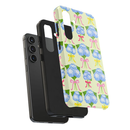 Blue Hydrangeas with Hot Pink, Yellow, Light Pink Bows Watercolor Illustrated Patterned Light Yellow Tough Phone Case | Various Models