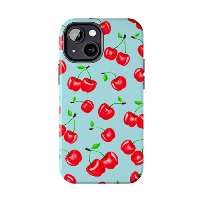 Tossed Red Watercolor Cherries Illustrated Pattern Bright Blue Tough Phone Case | Various Models