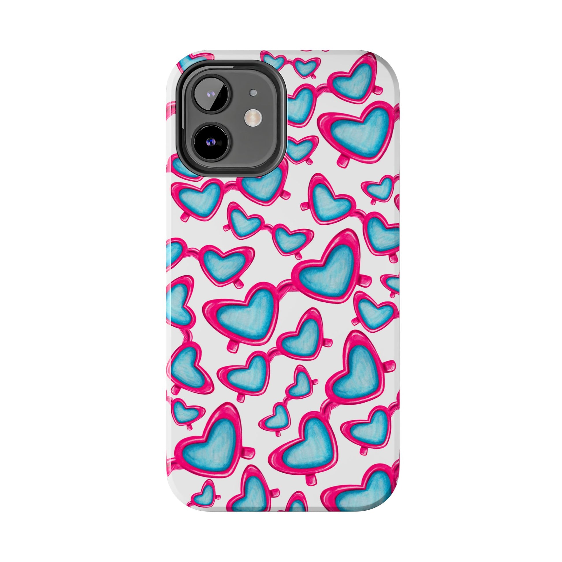 Pink & Blue Heart Shaped Sunglasses Watercolor Illustrated Tossed Pattern Tough Case | Various Models