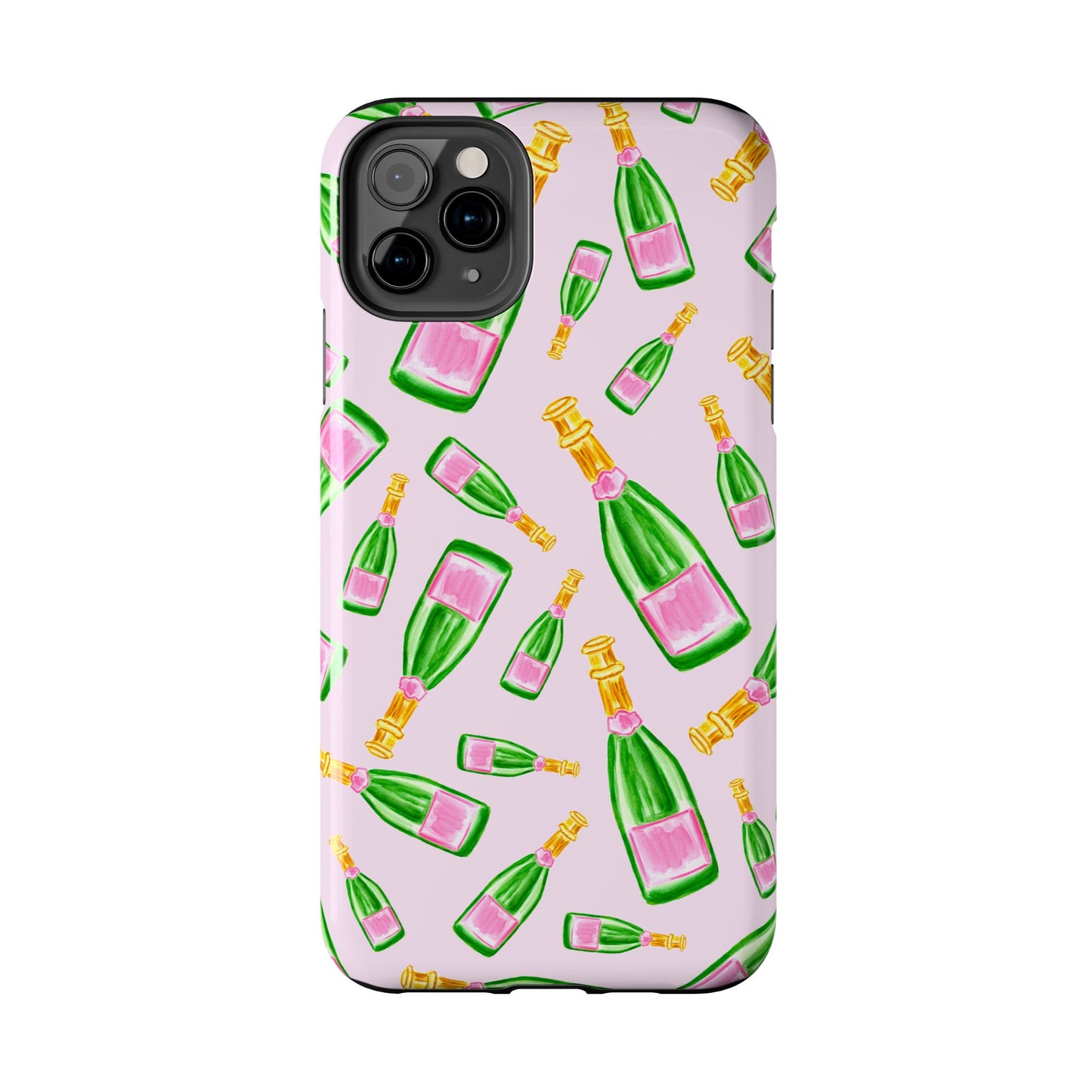 Tossed Pink and Green Watercolor Illustrated Champagne Bottles Pattern Blush Pink Tough Phone Case | Various Models