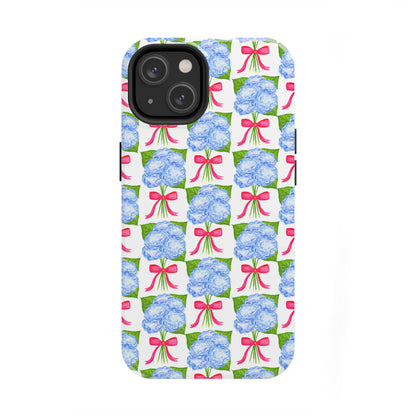 Blue Watercolor Hydrangea Bouquets with Hot Pink Bows Illustrated Patterned Tough Phone Case | Various Models