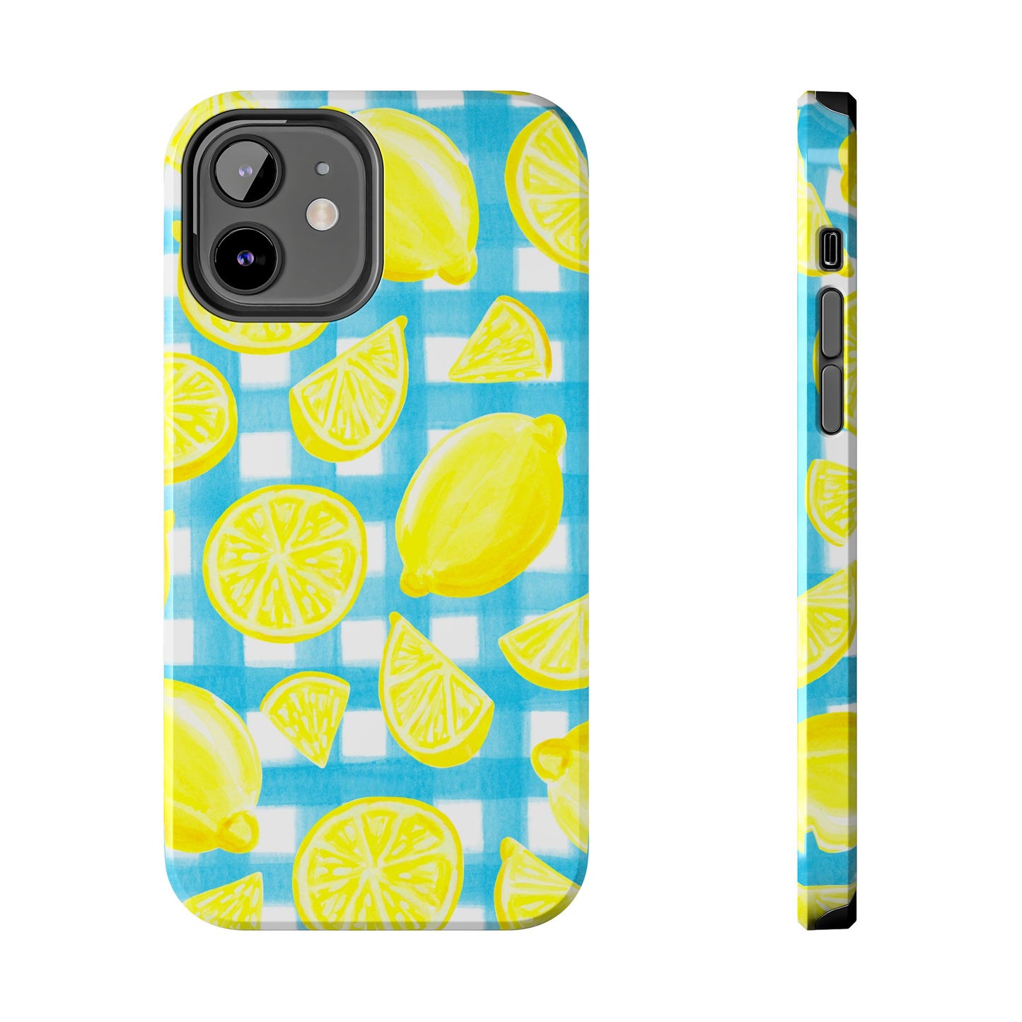 Yellow Lemons & Turquoise Gingham Watercolor Illustrated Tough Phone Case | Various Models Available