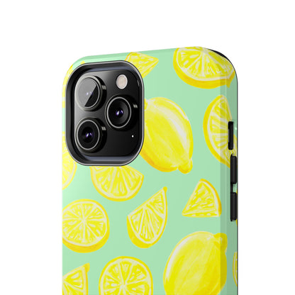 Bright Yellow Lemons Watercolor Illustrated Tossed Pattern Mint Green Tough Phone Case | Various Models